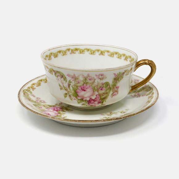 Antique Haviland Limoges Schleiger 488 Pink Roses Porcelain Tea Cup And Saucer - Picture 1 of 6